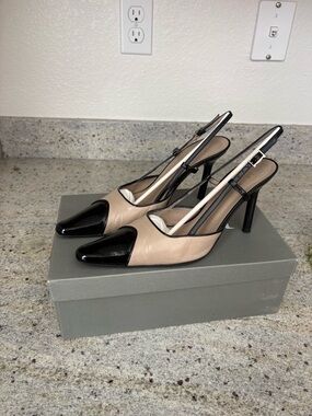 MaxMara Two-Tone Pointed Slingback Heels in Beige and Black